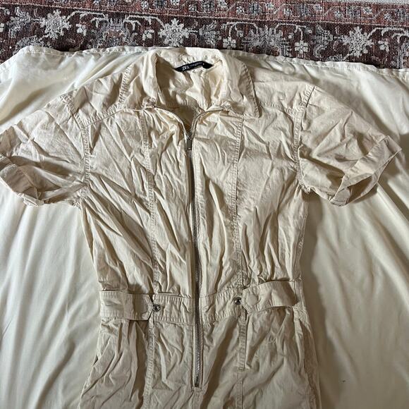 Zara Cream Wide Leg Utility Jumpsuit Sz XS Cargo Pockets Zip - Picture 2 of 8